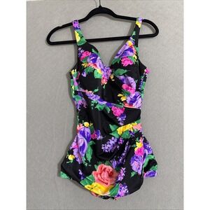 Vtg Swimsuit One Piece Floral Print Size 14/36  Retro Mod Bold Pin Up Union Made